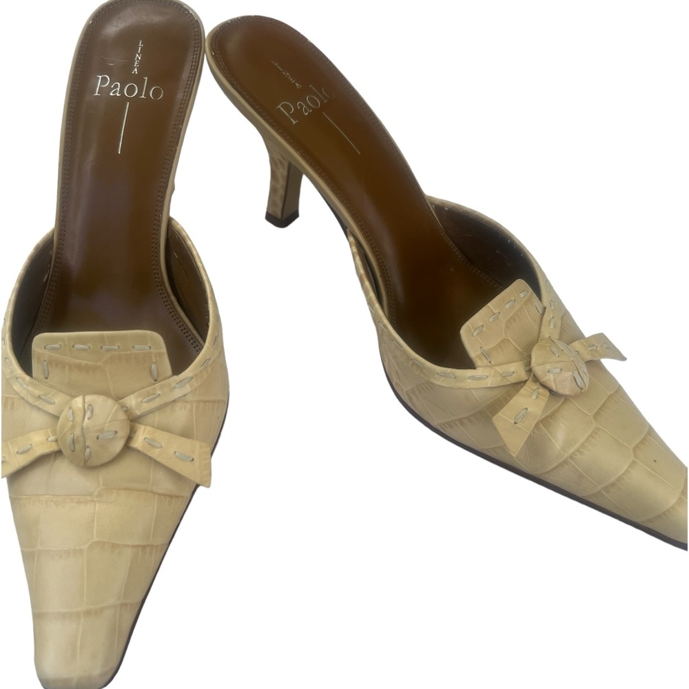 Linea Paolo light goldenrod reptile embossed bow mules 9
